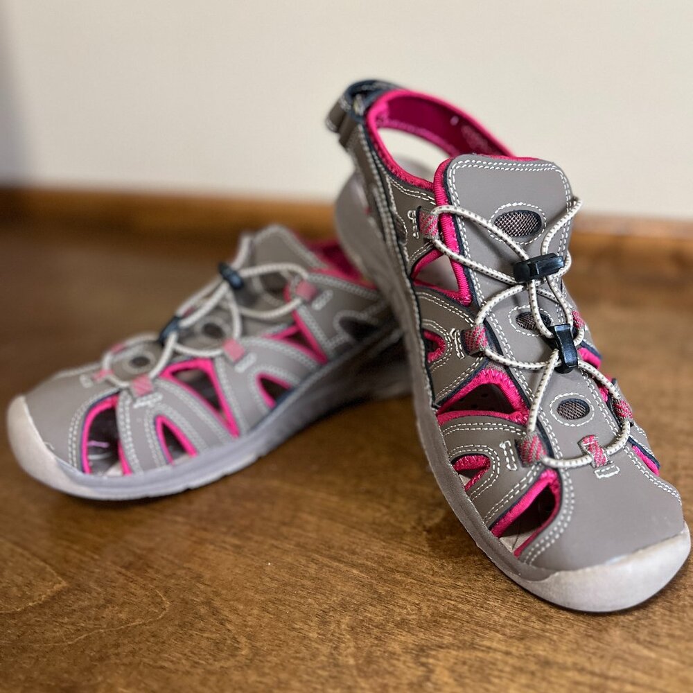 EDDIE BAUER Brown Pink Mary Leather Cinch Cord Hiking Water Sandals Women's 8